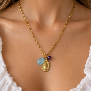 Collier en calcédoine bleue et améthyste