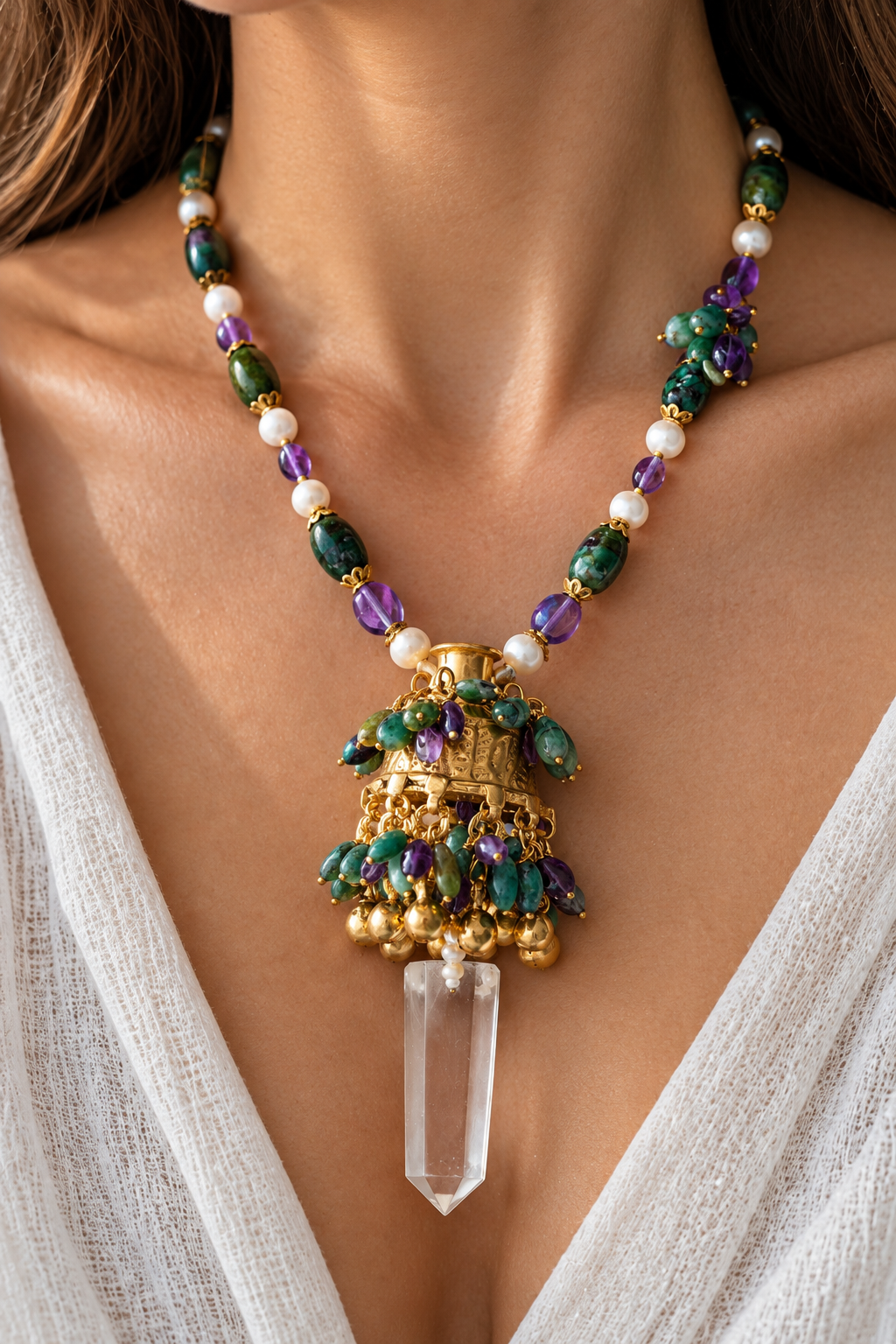 Collier en émeraude, améthyste et cristal de roche porté, pendentif doré d’esprit rajasthani